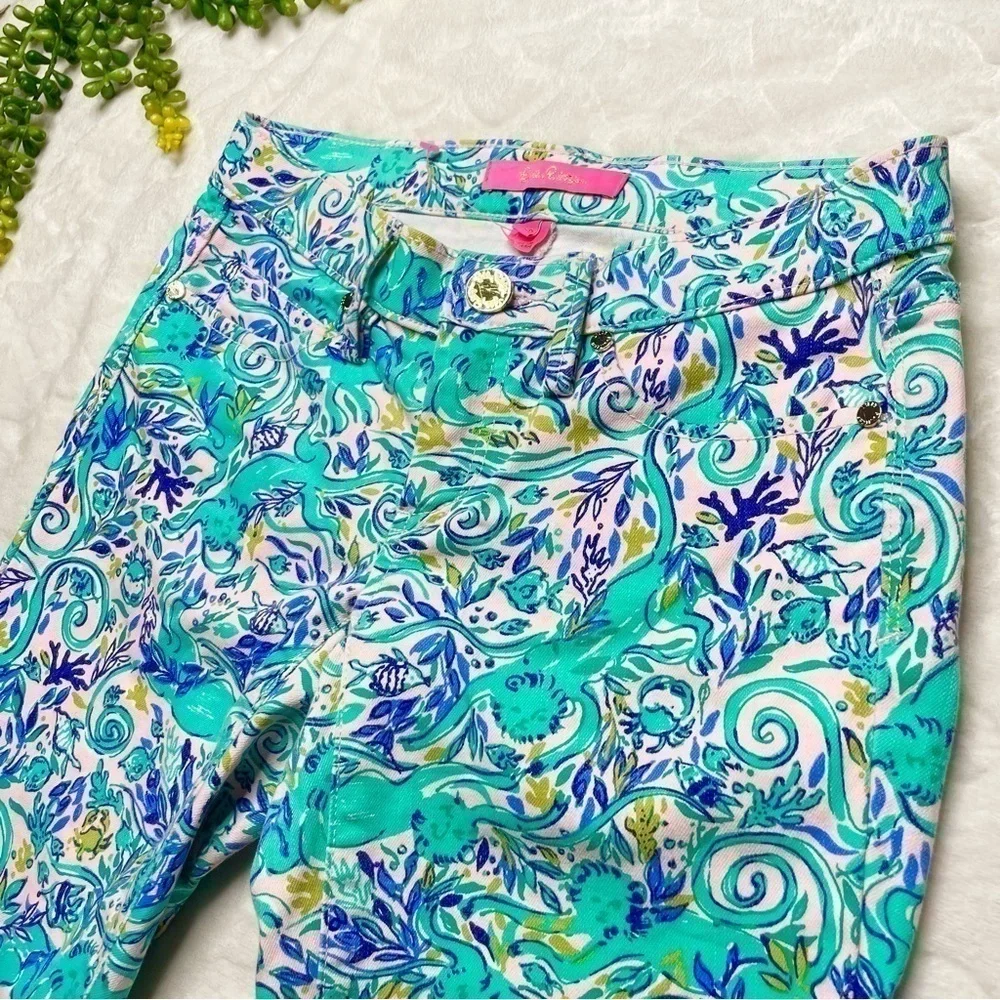Lilly Pulitzer South Ocean Skinny Crop Pants in Monkey Sea Print Melon Fig Teal